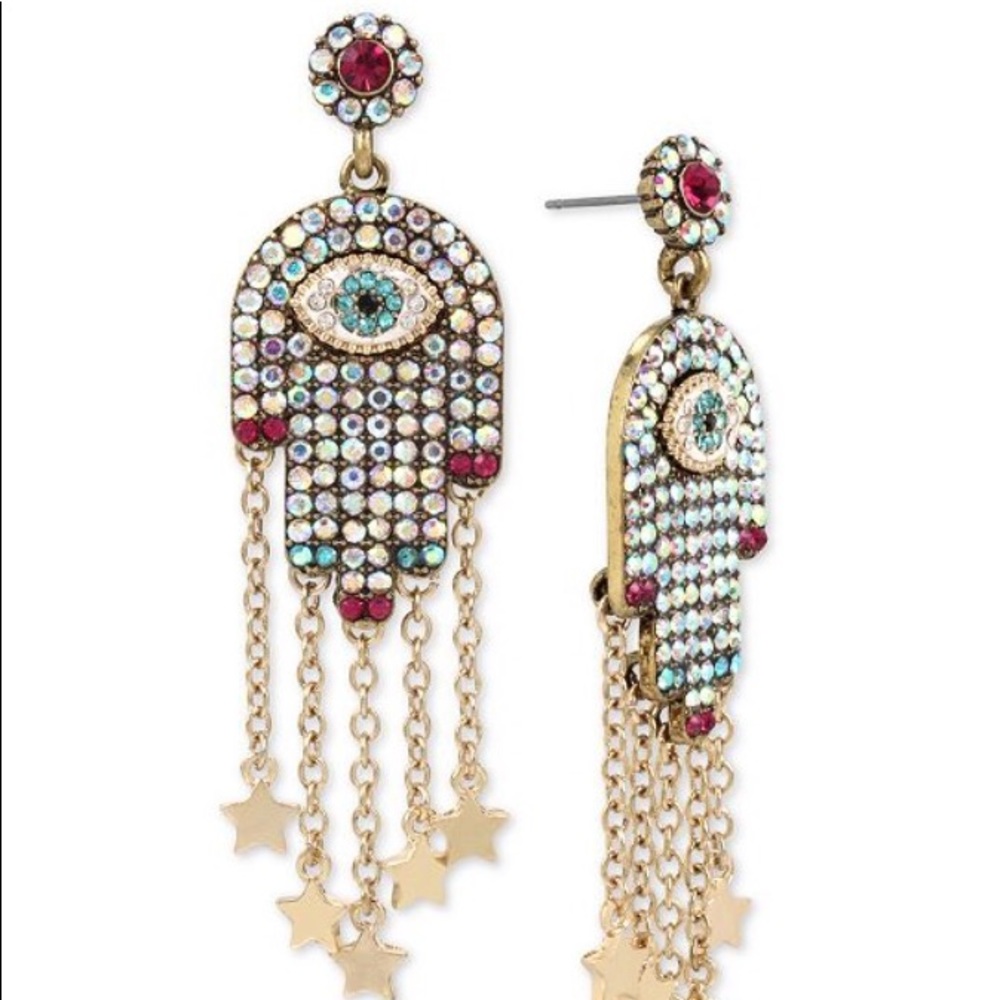 NWT Betsey Johnson Pave Hamsa Hand Drop Earrings